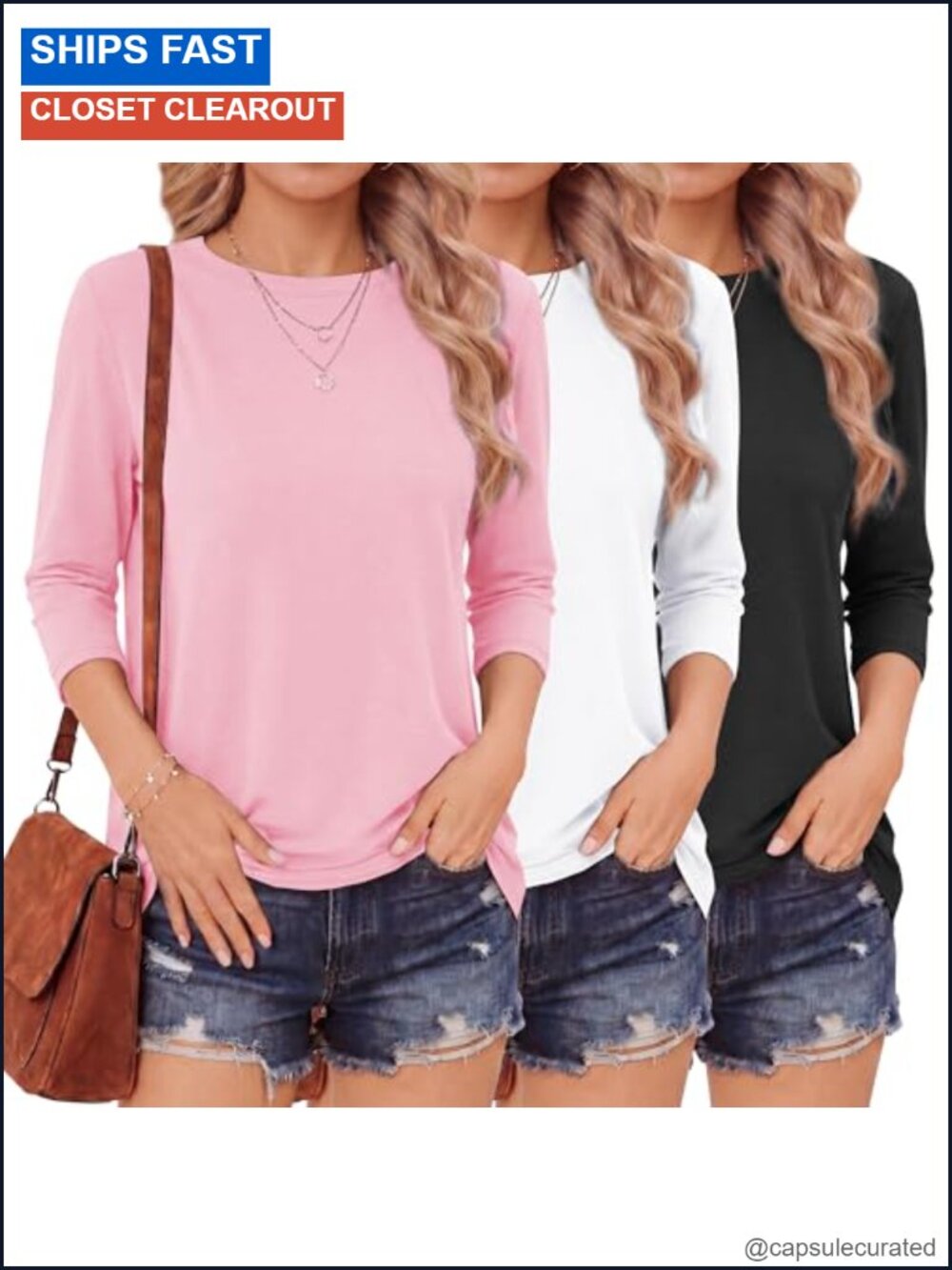 Loose Fit 3/4 Sleeve T-Shirt Flowy Lightweight Stretchable Crew Neck Pull On